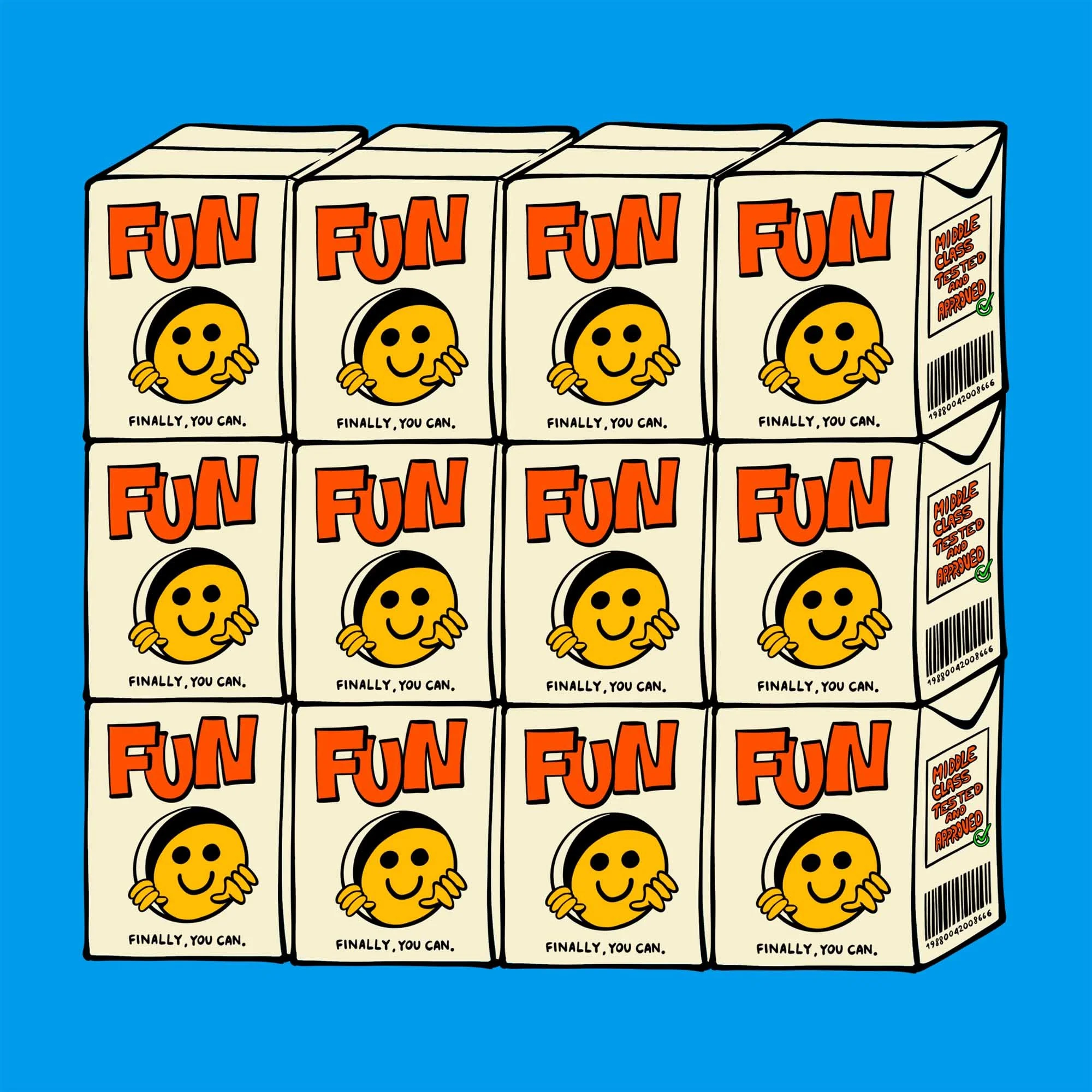 cartoon hipster illustration of several bricks of fun piled on the top of each other. every brick pictures a smile coming out from a small hole on the brick