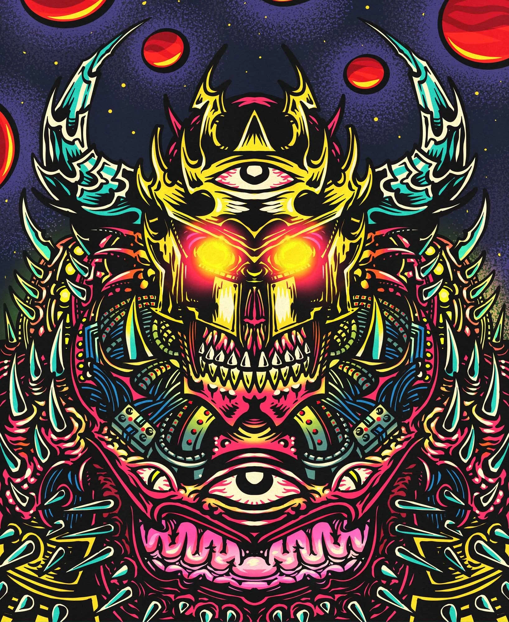 Aggressive, Doom (videogame) inspired illustration of a super spikey monster solider with an evilish third eye on his chest and a big helmet with devilish horns