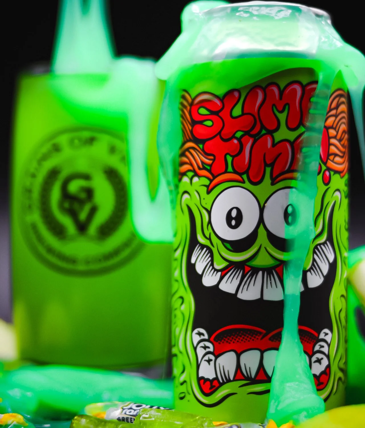 The slime Time beer can illustration pictures a slime green monster all over the can, resembling a classic retro-style design from the 1980s-1990s