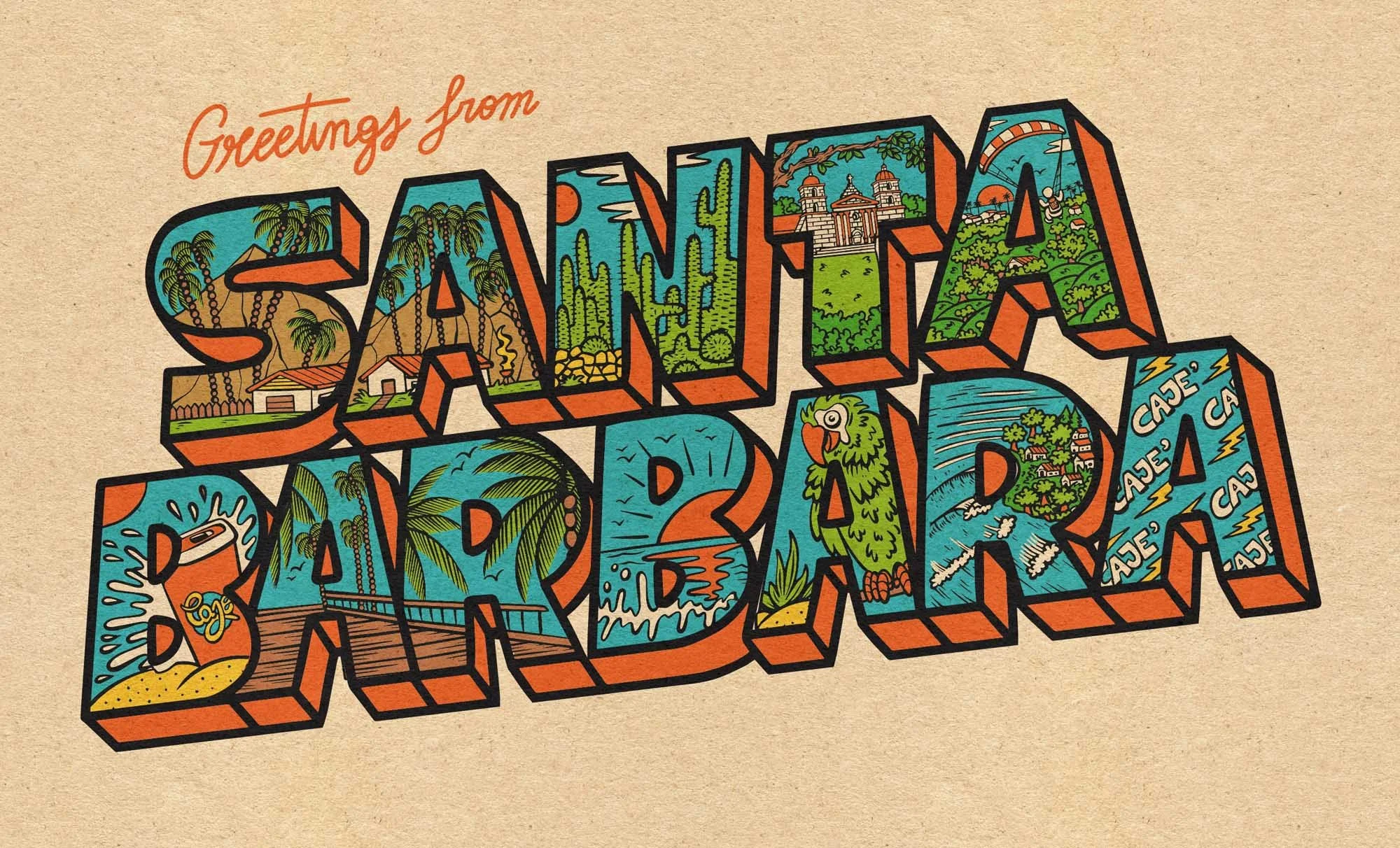 Greetings from Santa Barbara postcard illustration for Cajè Coffee 