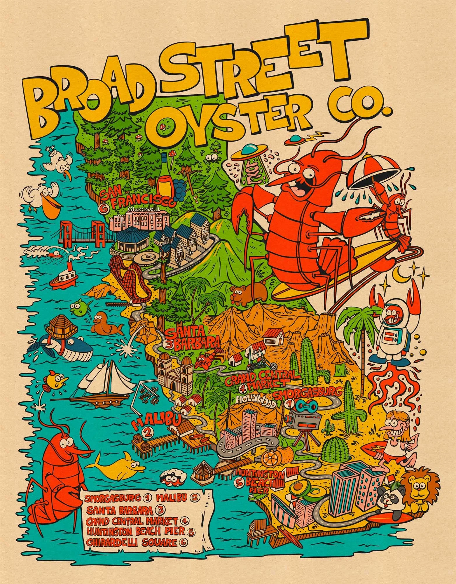 cartoon california map populated by red lobsters. An illustration for the for broad Street Oyster Co restaurant 
