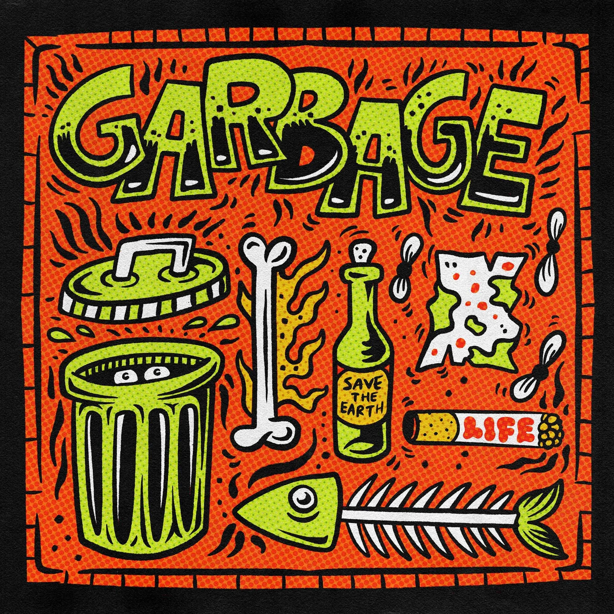 square underground illustration of a composition made by a trash can, a bone, a fish bone, a glass bottle, a cigarette butt and a napkin