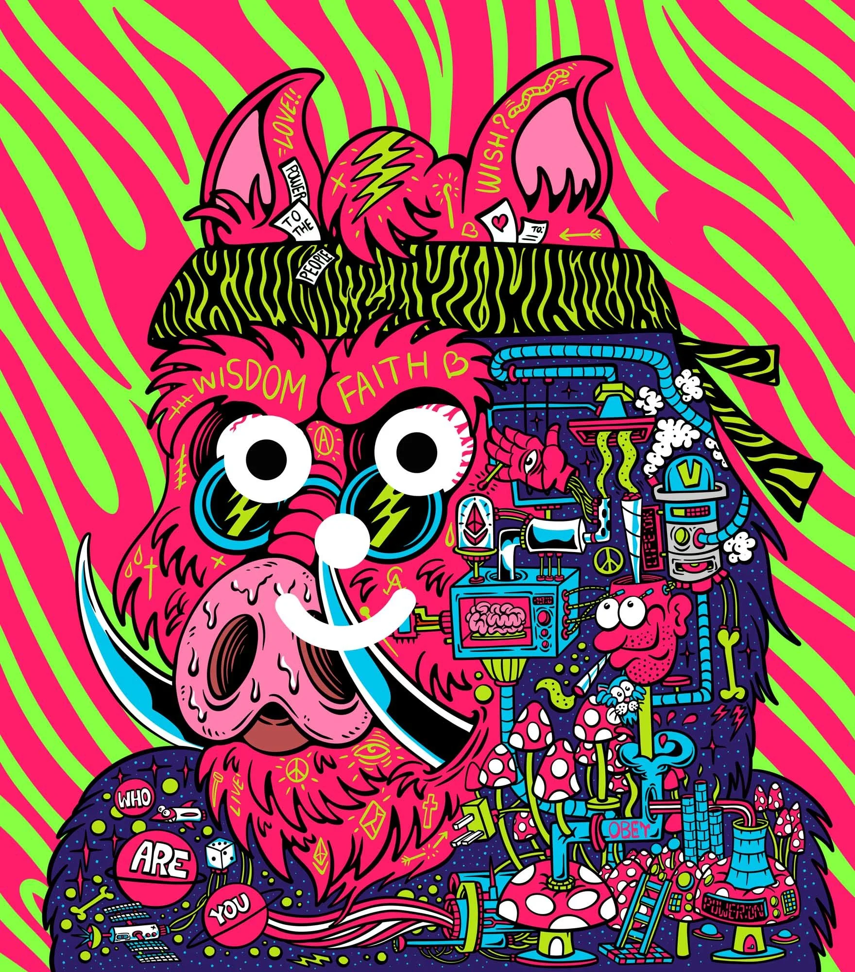trippy illustration picturing the inside of a pink hog, which is a weird machine with tubes and steam engines powered by mushrooms - trippy collaboration with the artist Wooden Cyclops