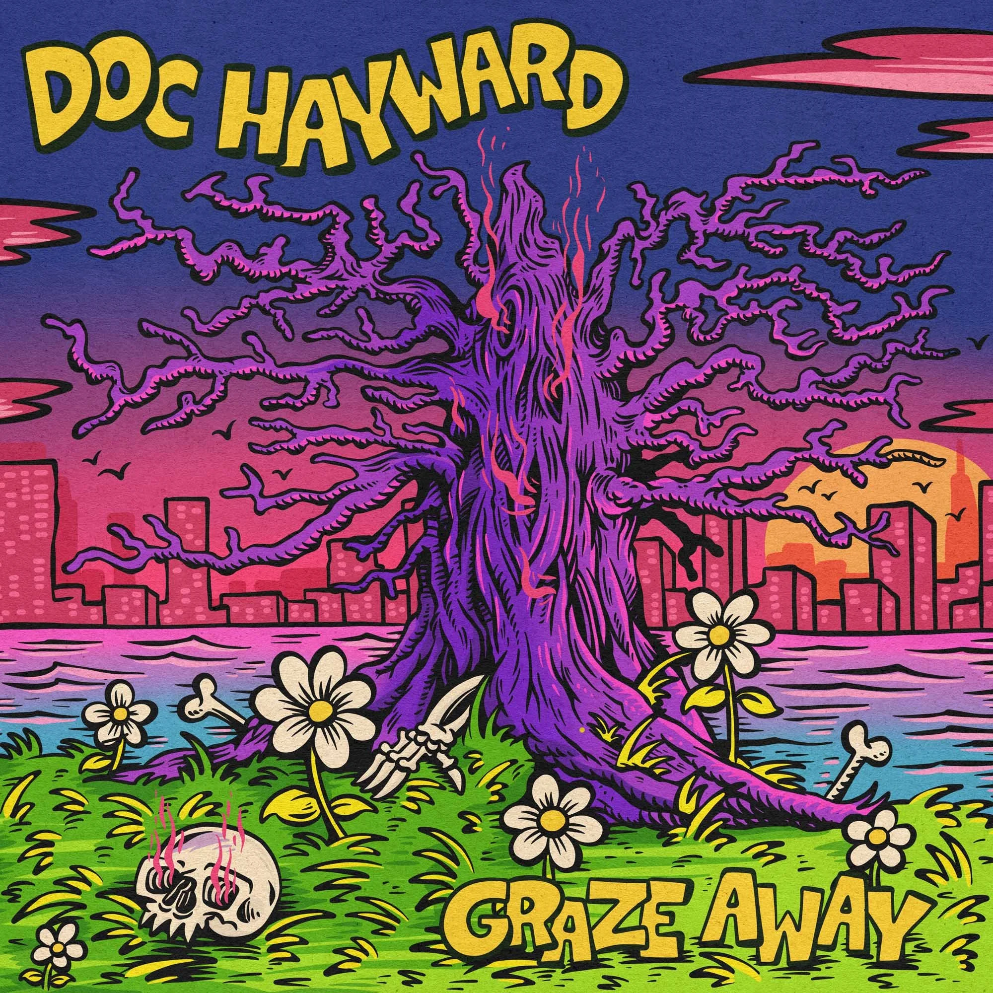 cover artwork for the musician Doc Hayward, picturing a creepy purple tree with a skyline behind it at the sunset