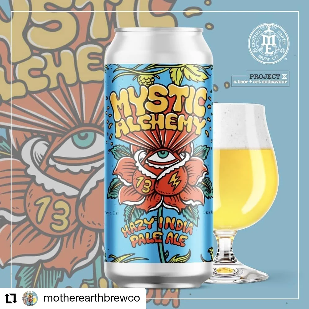 Mystic Alchemy beer can design, picturing a traditional tattoo rose with the lightning bolt and lucky 13 symbol, while the psychedelic text Mystic Alchemy is coming off  from the rose's eye, at the center of it