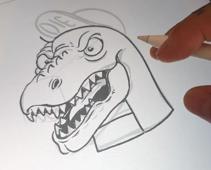 Drawing of a cartoon T-Rex dinosaur with a cap and an intense expression, partially completed with a digital stylus.