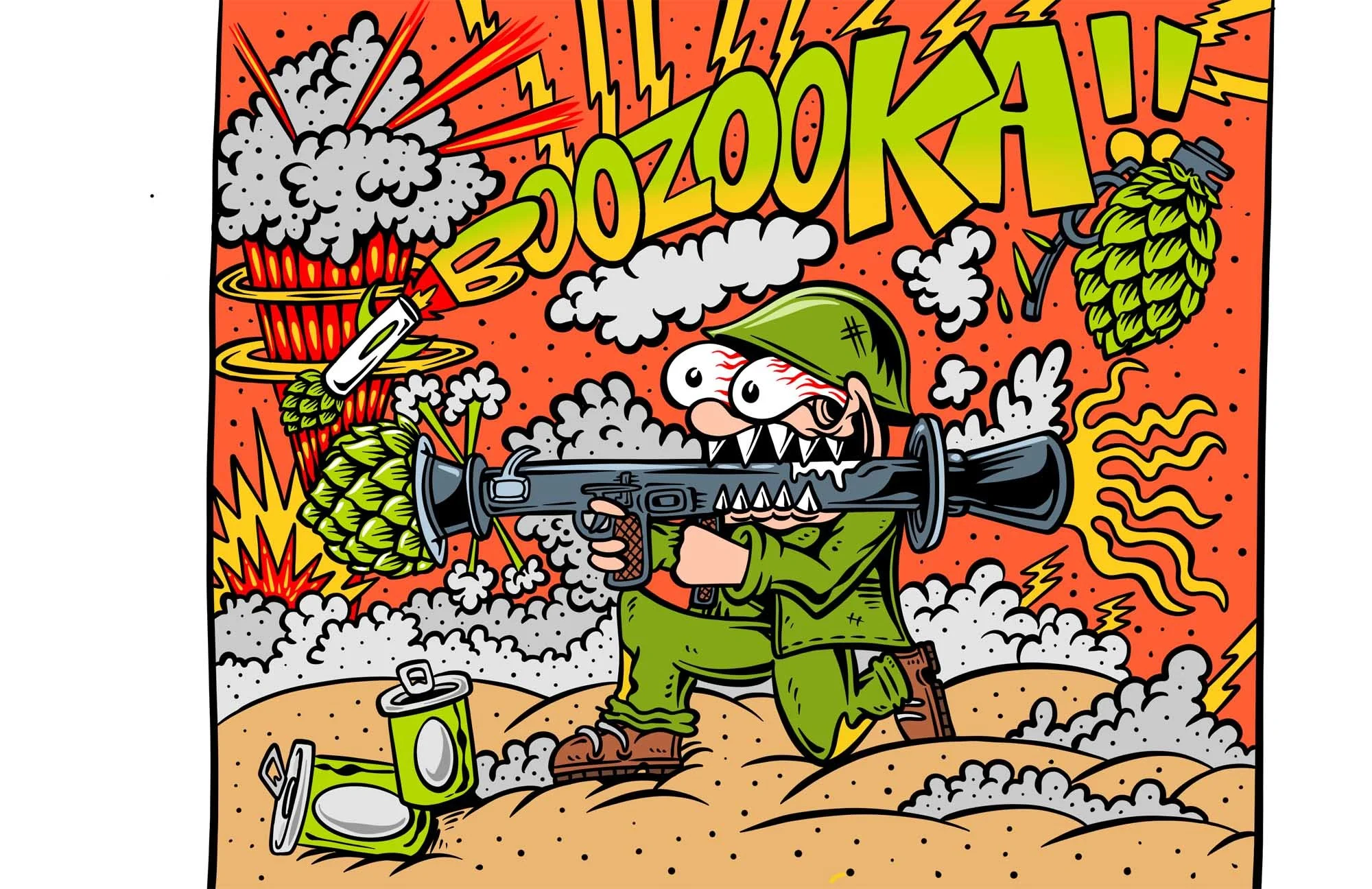 illustration of a crazy soldier firing out beer hops from a bazooka