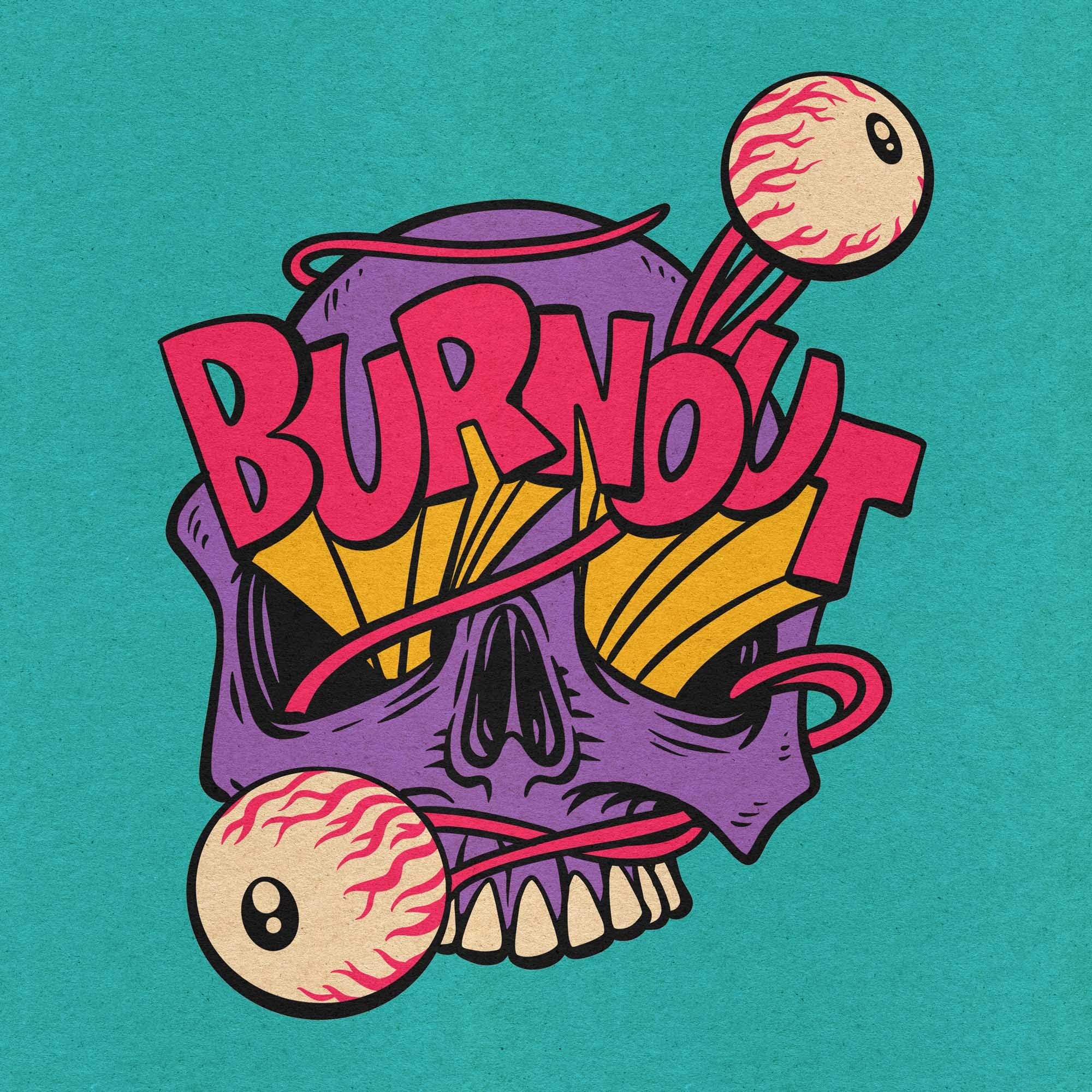 a purple skull with his eyes popping out and a burnout text coming out from his eye sockets