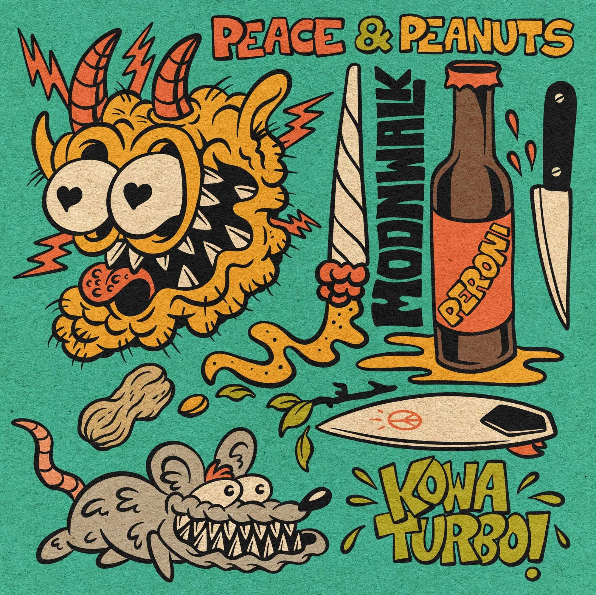 fun cartoon illustration composition of a devil with his eyes poppin gout with hearts instead of pupils, a joint, a peroni beer, a knife, a rat and a surfboard