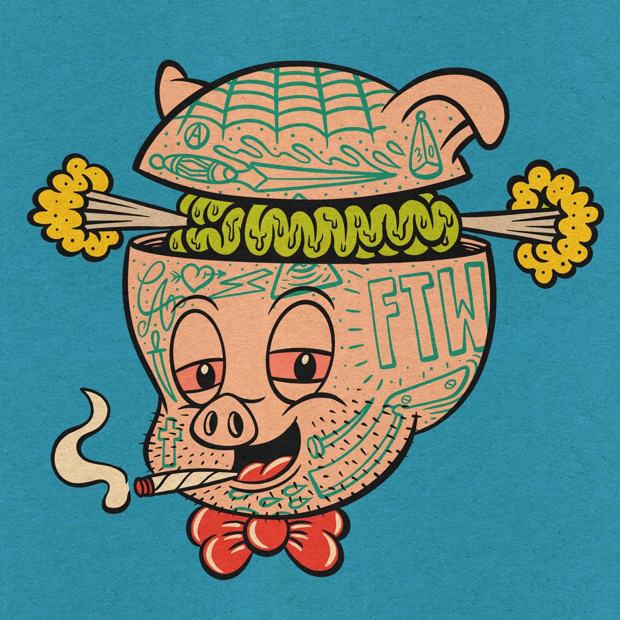 lowbrow picture of a stoned porky pig with his brain popping out over his exploding head. The pig is tattooed with old, blue traditional tattoos
