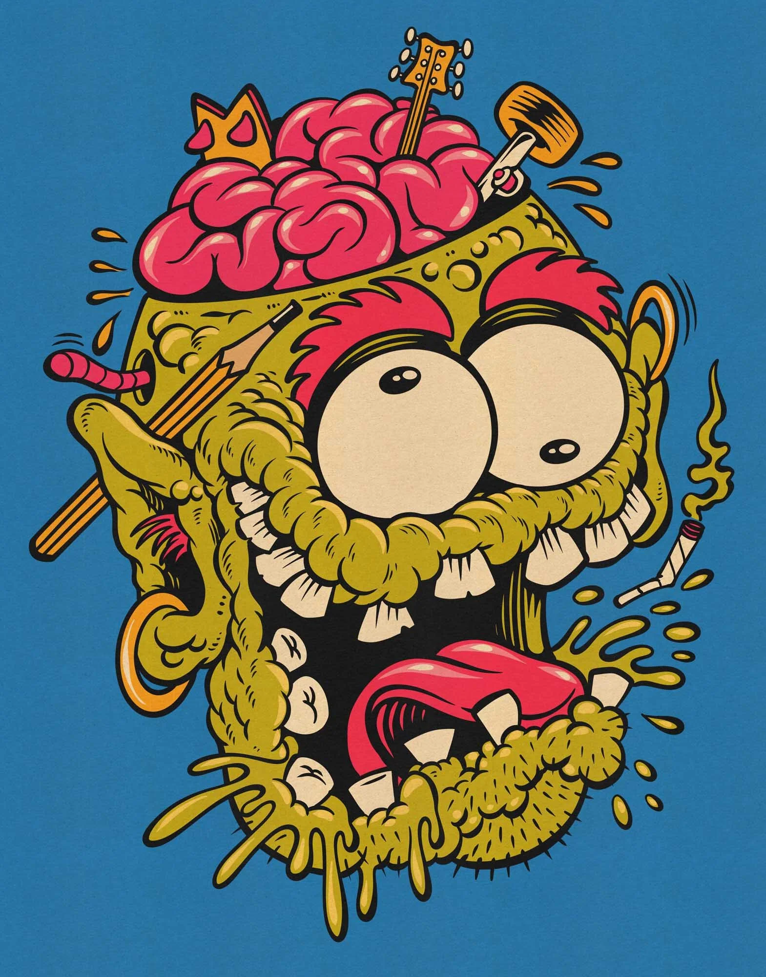 weird, fun, crazy acid green monster laughing with a cigarette butt on his mouth, an open head showing a pink brain with a surfboard, a guitar and a skateboard truck stuck in it.