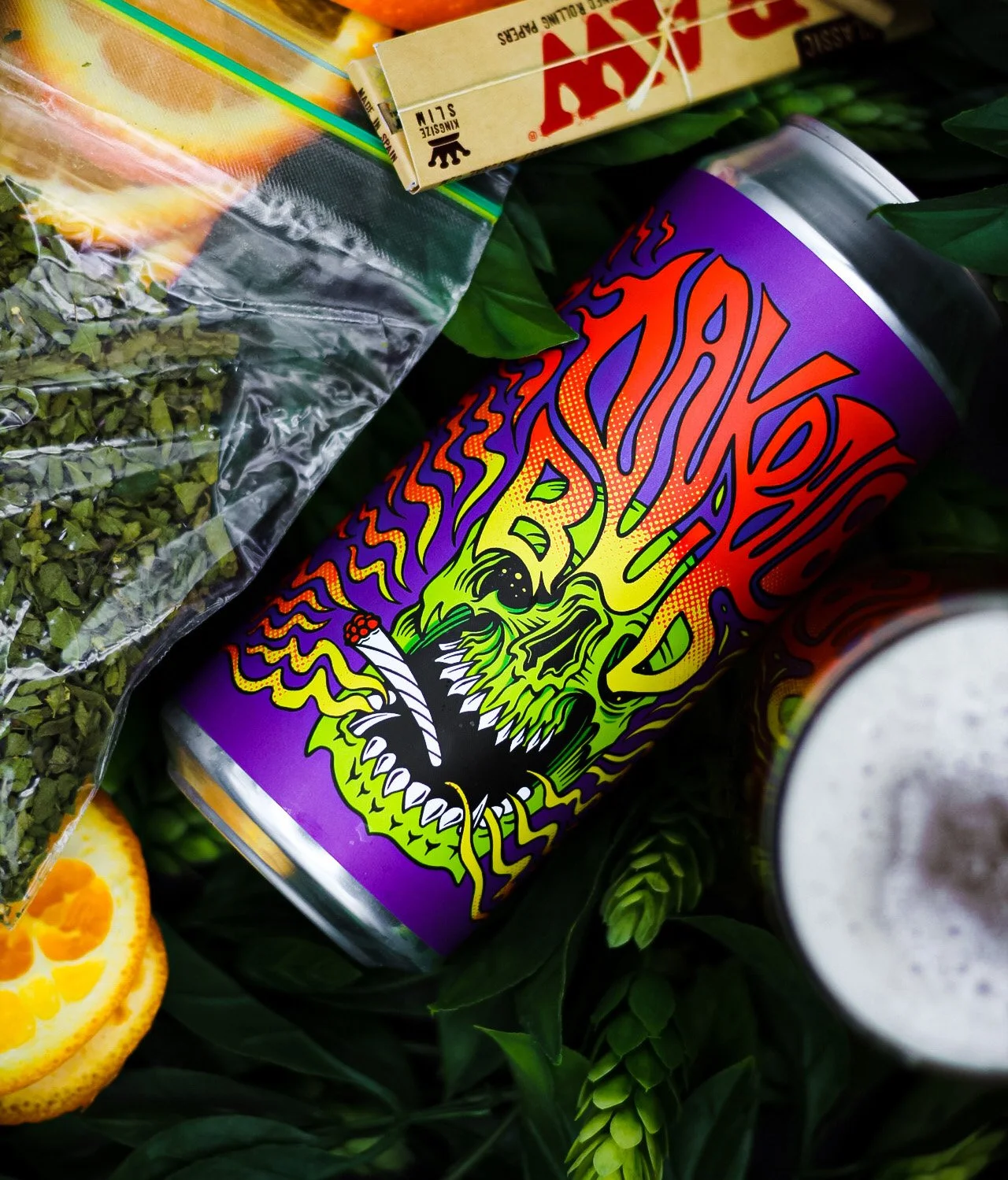 beer can illustration with an acid green skull smoking a joint, with a psychedelic flaming text coming out from its eyes