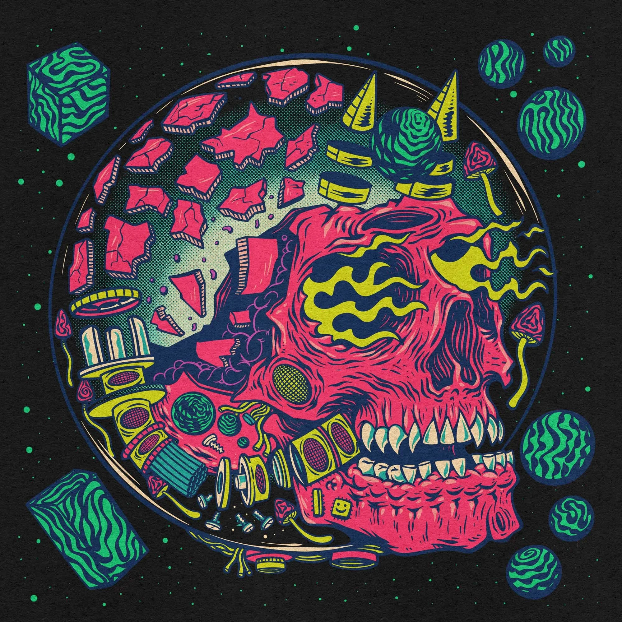 illustration of a purple astronaut skull head floating in space with planets