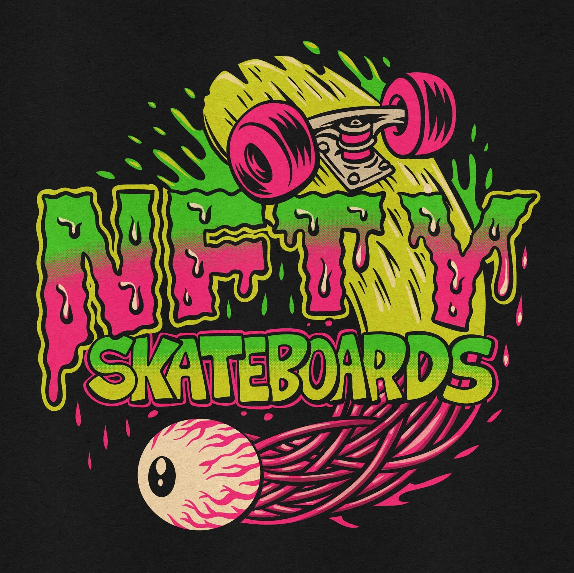 80s slimey logo for NFTY skateboards, with a skateboard deck and a cool eyeballl coming out from it