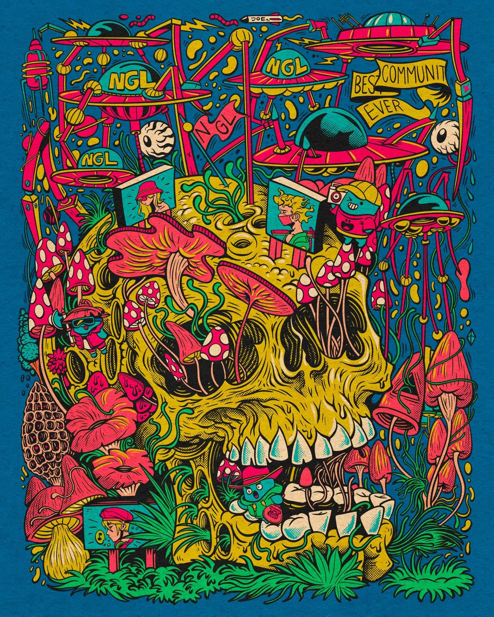 trippy skateboard style artwork of a melting acid skull with colorful mushrooms growing all over it, and flying suacers resembling the War of the Worlds machines all over the top of the skull