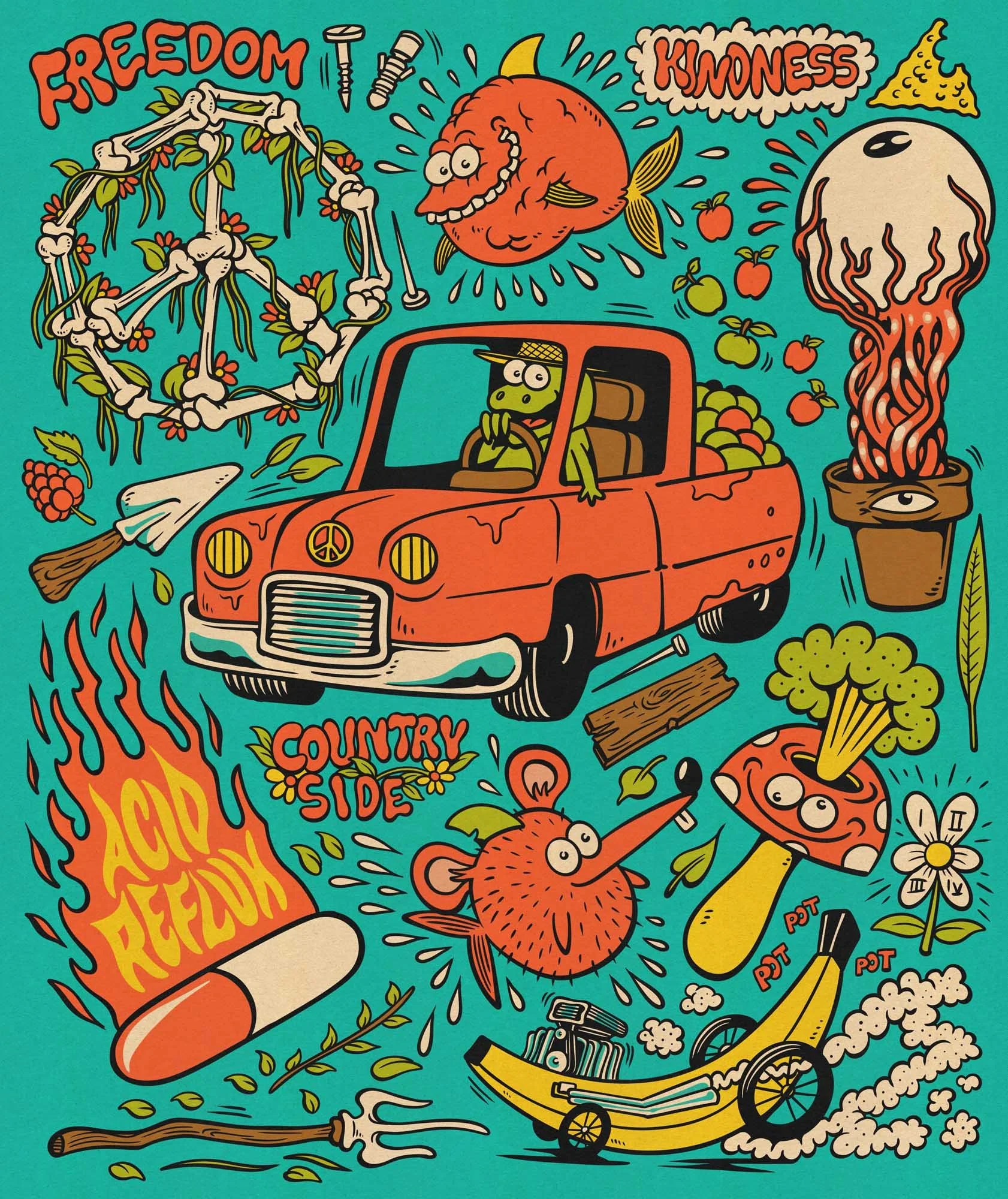 countryside flash set illustration with several elements: an old red pickup, a peace sign made of bones, an eyeball coming out from a vase, a banana car with a big engine, a crazy mushrooms with eyes and a rat fish