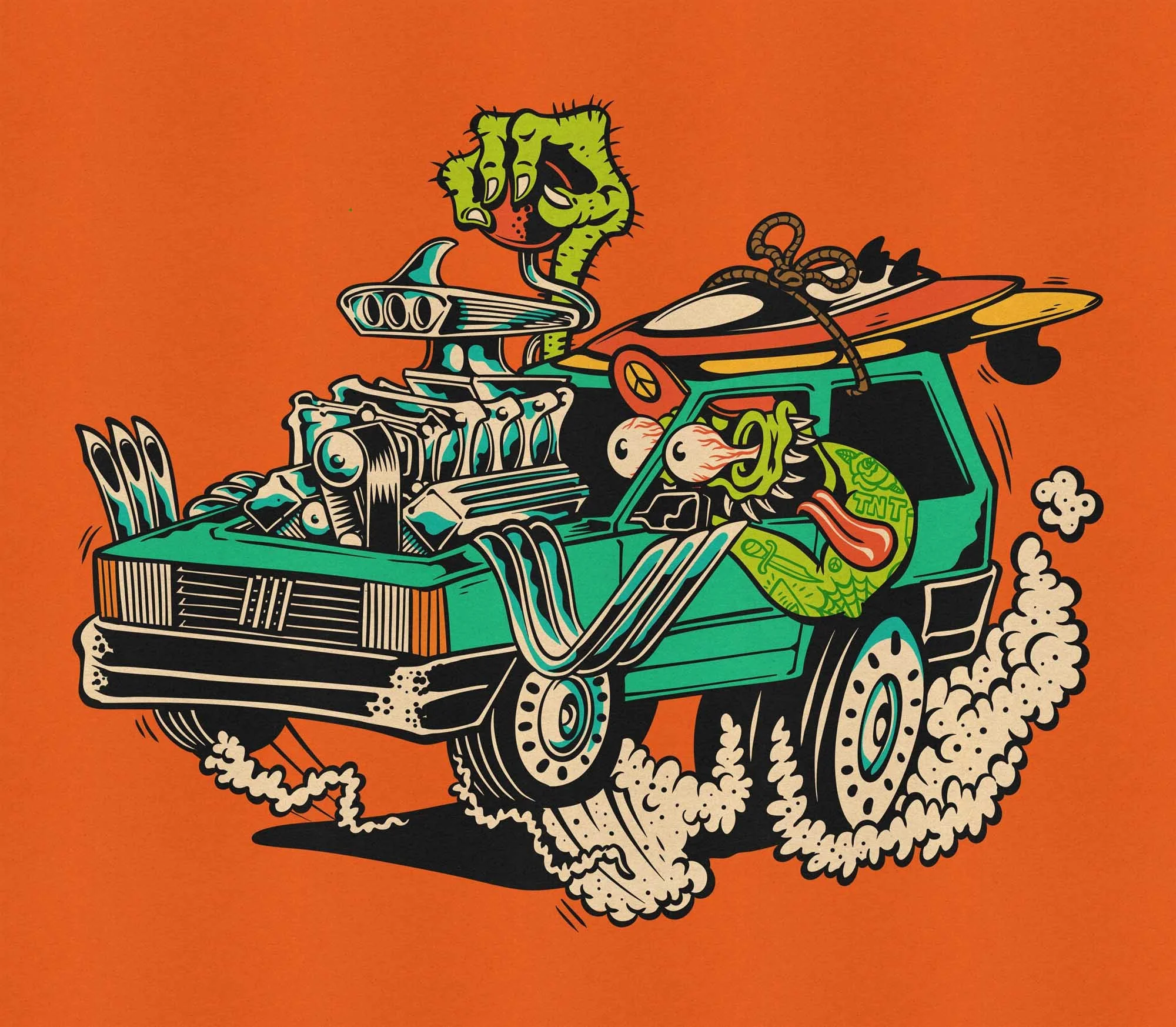 lowbrow kustom kulture illustration of a pimped fiat panda, with a green monster driving it and a bunch of surfboards tied over the roof
