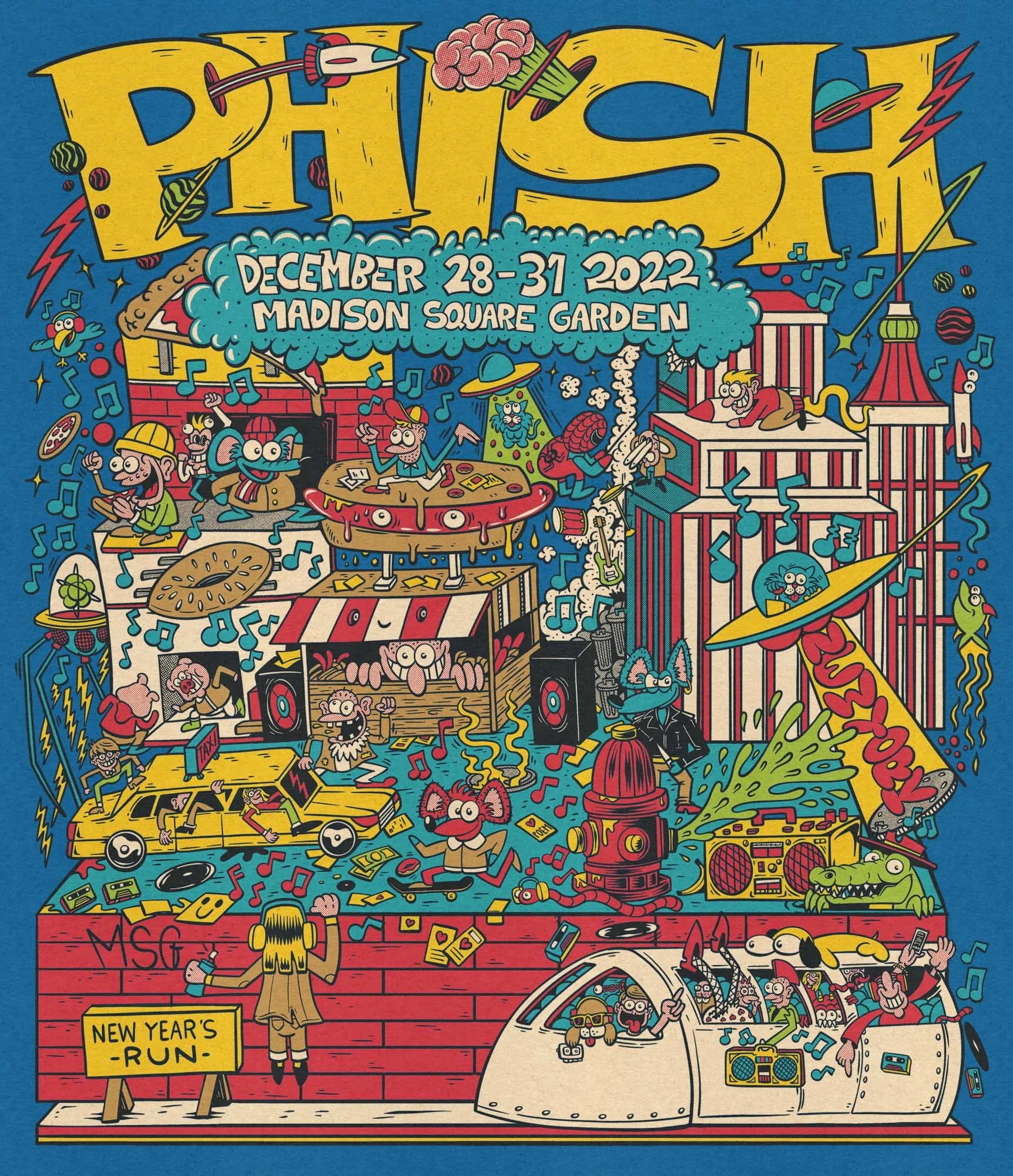 poster illustration made for the band PHISH, picturing a scene in New York city. The scene is very crowded and pictures the NYC underground train at the bottom, the street with a fire hydrant blowing green slime off of it, a flying saucer abducting a