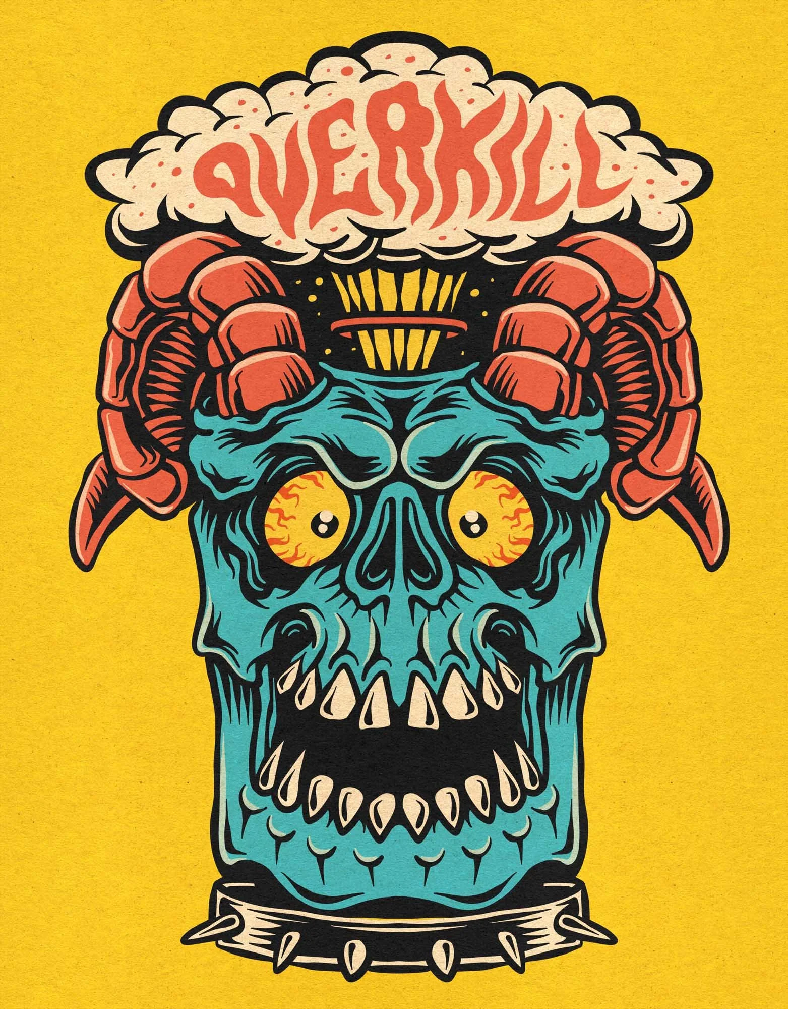 illustration of a blue satanic skull with red horns and an atomic mushroom coming out from his head 