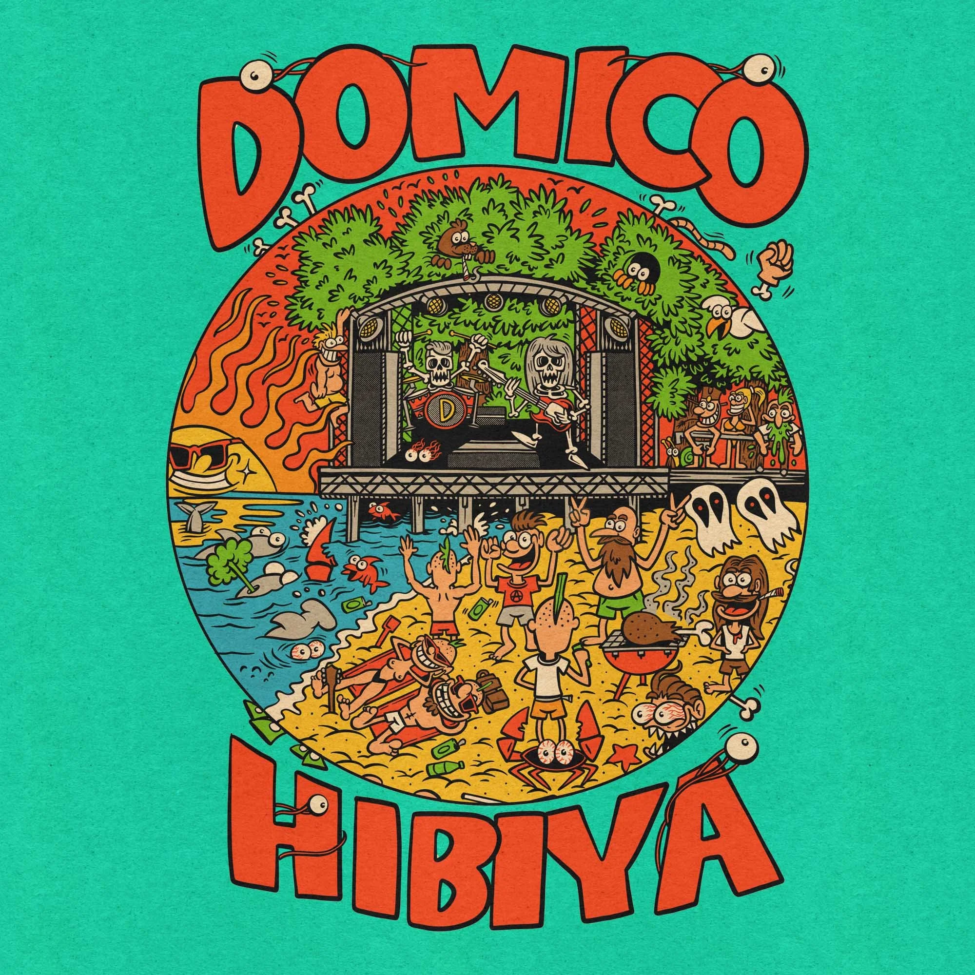 cover artwork for the musicians Domico, an alternative rock band from Tokyo, picturing a concert scene set on a beach, where two skeletons are playing and a bunch of people and ghosts are dancing in the sand