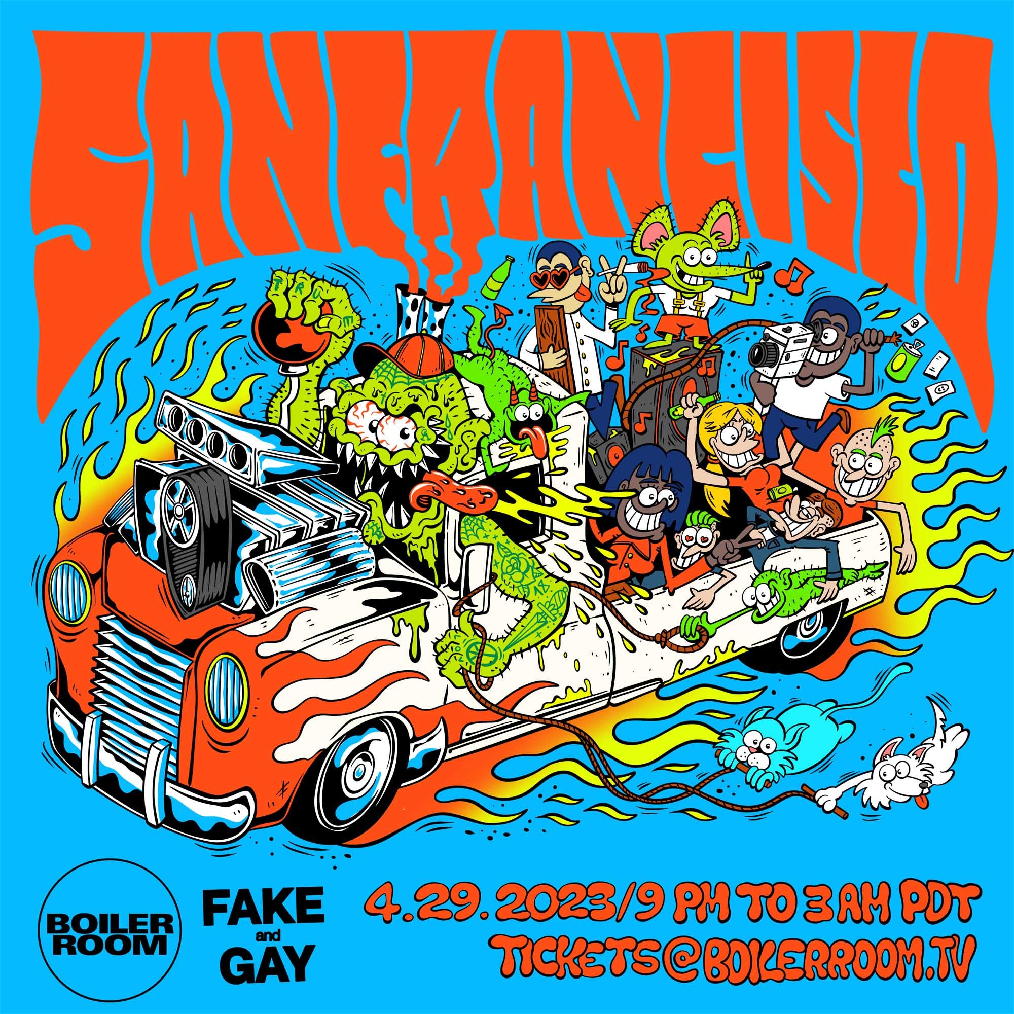 psychedelic trippy illustration for Boiler Room san Francisco, picturing a crazy bus filled with people and animals dancing and having fun