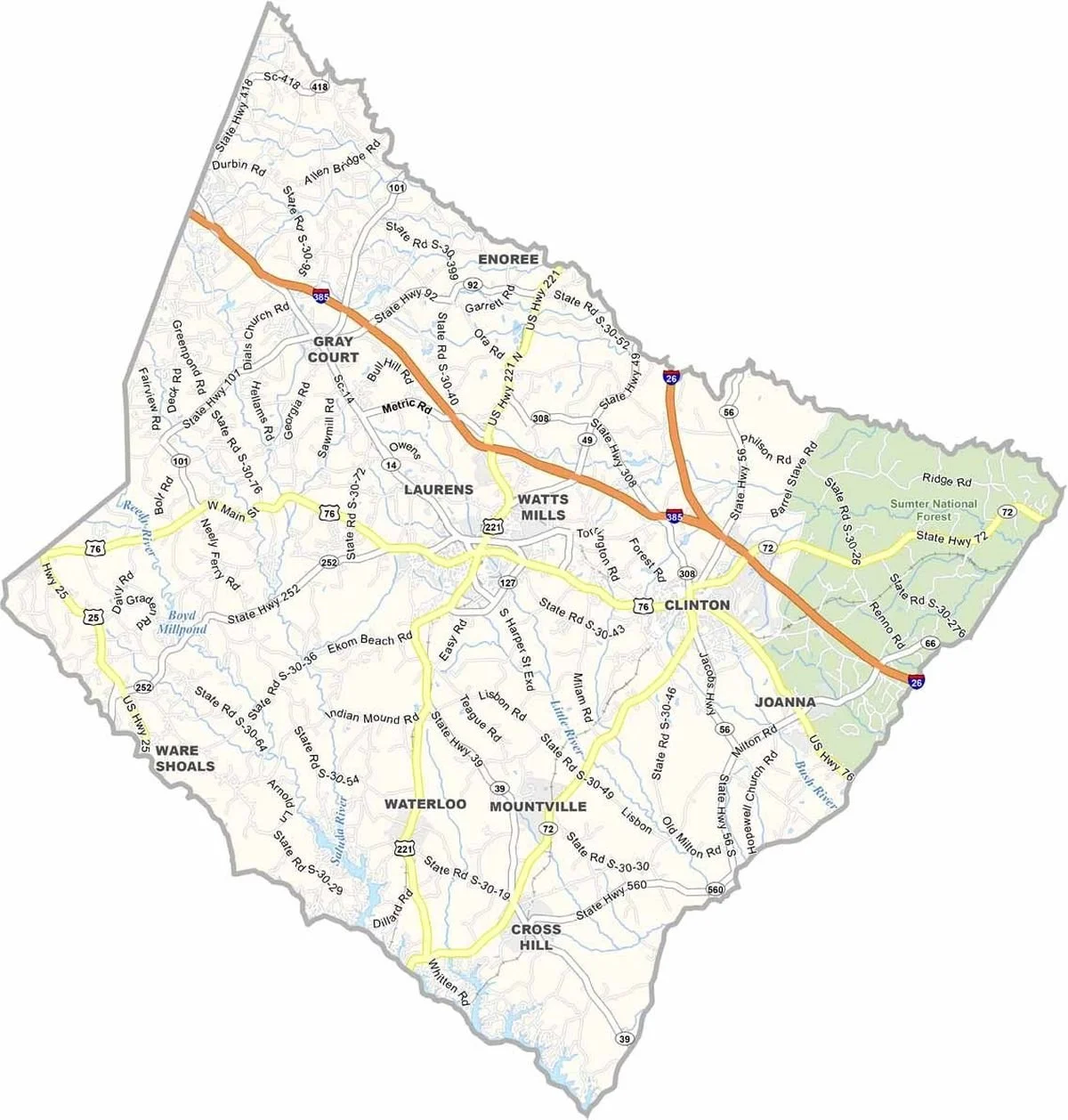 Laurens County South Carolina service area map showing Laurens, Clinton, Gray Court, Waterloo, Joanna, Mountville, Cross Hill, and surrounding communities served by Palmetto Sand and Gravel LLC.