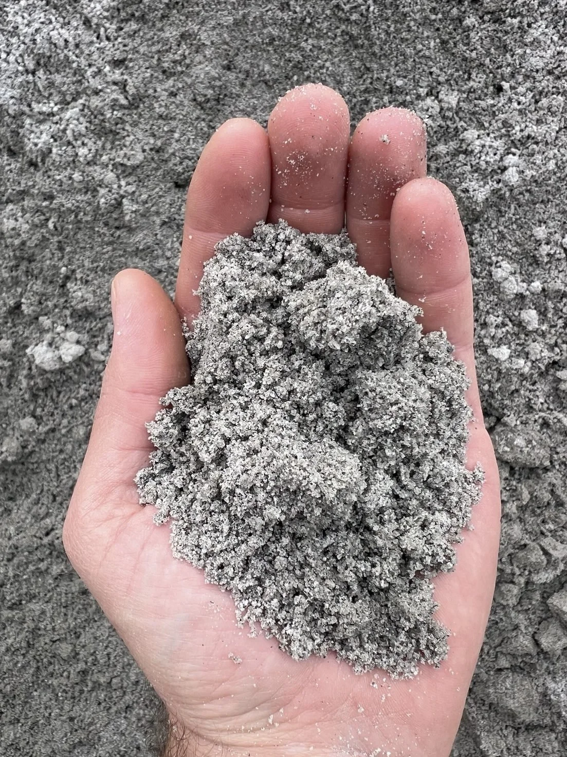 Hand holding manufactured sand (M Sand) showing its fine crushed granite texture and particle size for construction and landscaping applications.