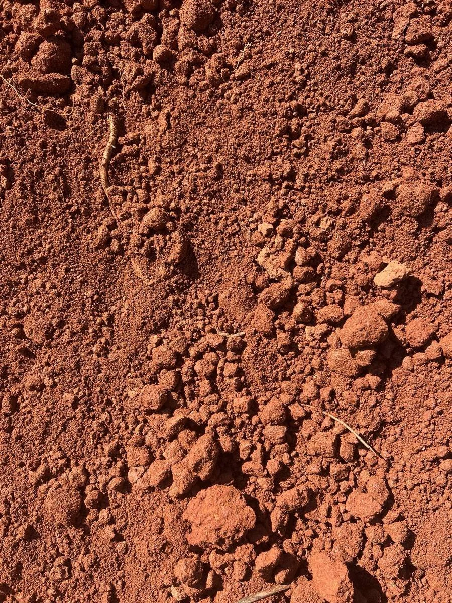 Close-up of red clay stockpile showing natural clay clumps, fine soil particles, and occasional roots.