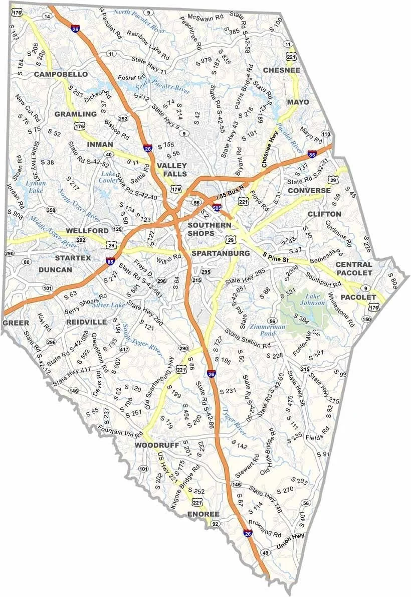 Map of Spartanburg County, South Carolina showing communities including, Spartanburg, Boiling Springs, Inman, Chesnee, Woodruff, Pacolet, Duncan, Wellford, and Campobello.