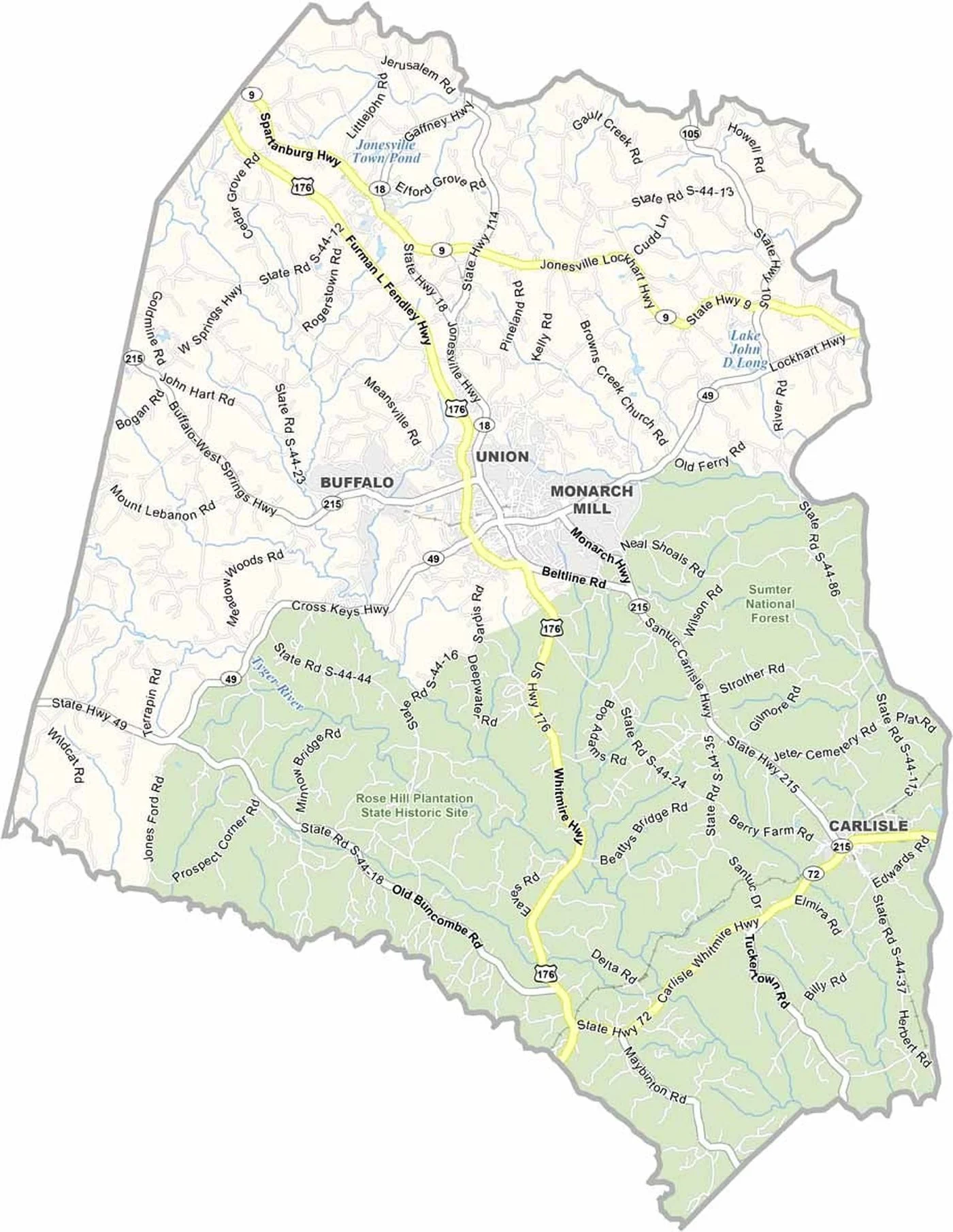 Union County South Carolina service area map showing Union, Jonesville, Carlisle, Lockhart, Cross Keys, Monarch Mill, Buffalo, major highways, and surrounding communities served by Palmetto Sand and Gravel.