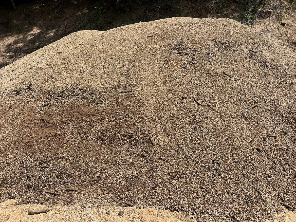 Pile of Screened River Gravel natural trail mix with mixed sand, small pebbles, and occasional organic material from river sand screening.
