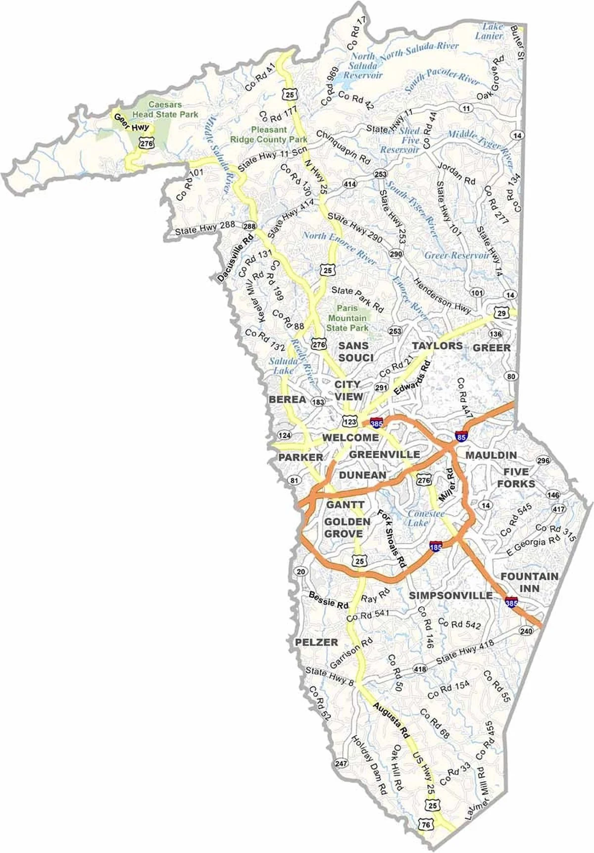 Map of Greenville County, South Carolina showing Greenville, Greer, Simpsonville, Mauldin, Travelers Rest, Fountain Inn, and major highways served by Palmetto Sand and Gravel.