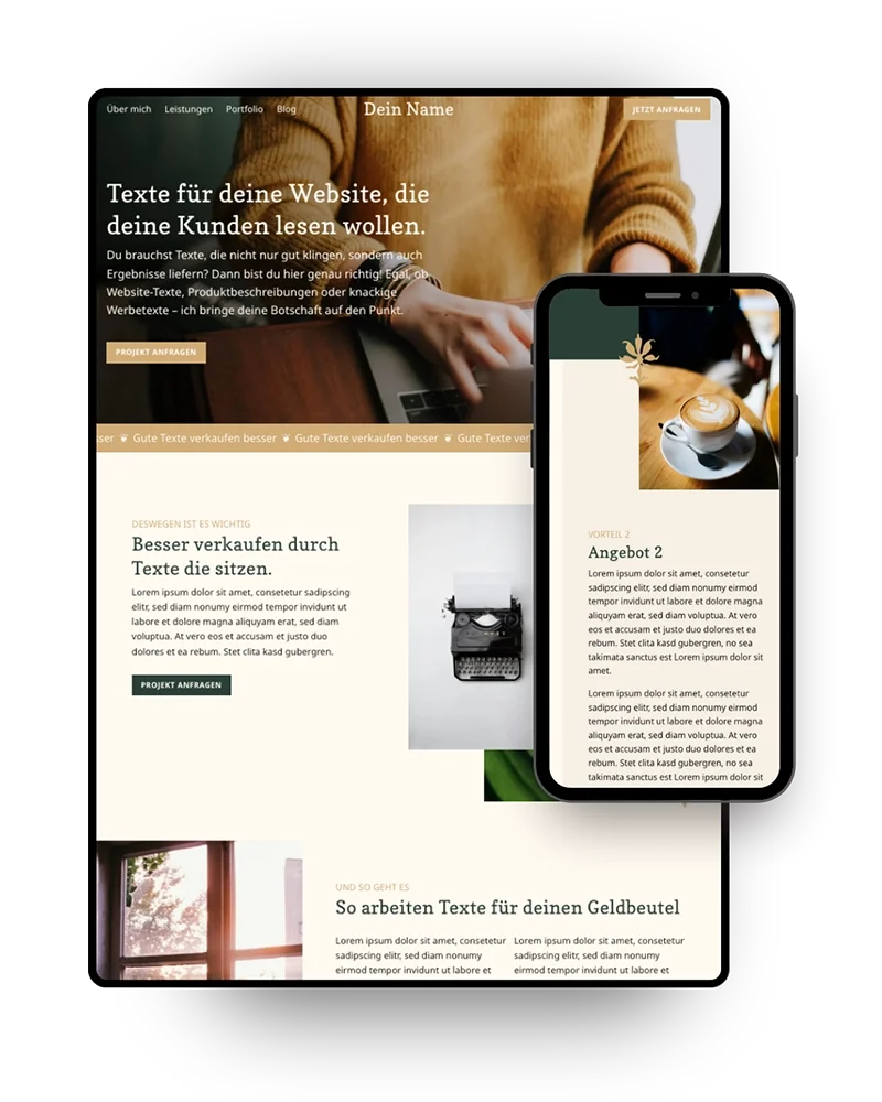 Squarespace Template für Copywriter dargestellt als PC und Handy Design