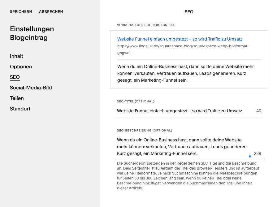 Squarespace SEO Einstellungen für deinen Blog