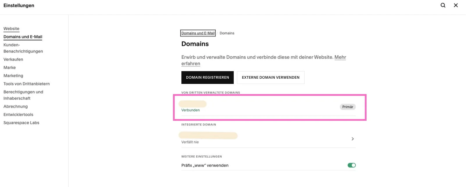 Anzeige das die Starto Dmian jetzt mit Squarespace verbunden ist