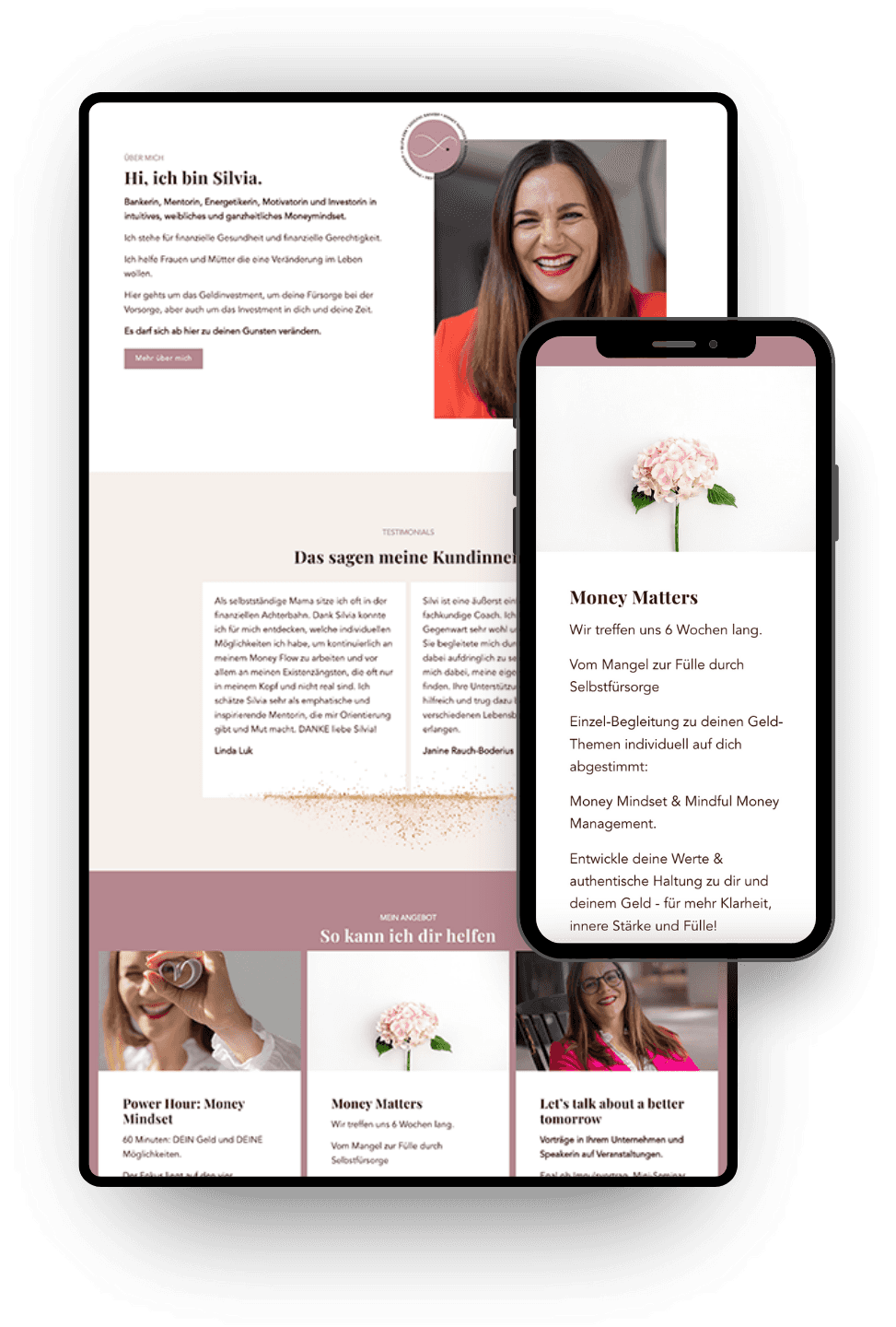 Screenshot einer Webseite auf einem Tablet und Smartphone mit Profilbild einer lächelnden Frau, Titel "Money Matters" mit Text über Selbstfürsorge und finanzielle Unabhängigkeit, und weiteren Artikeln wie "Power Hour: Money Mindset" und andere Inhalte in einem ansprechenden Design.