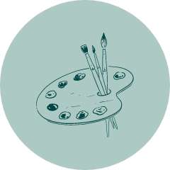 Zeichenpalette mit Pinseln und Farbklecksen auf blauem Hintergrund