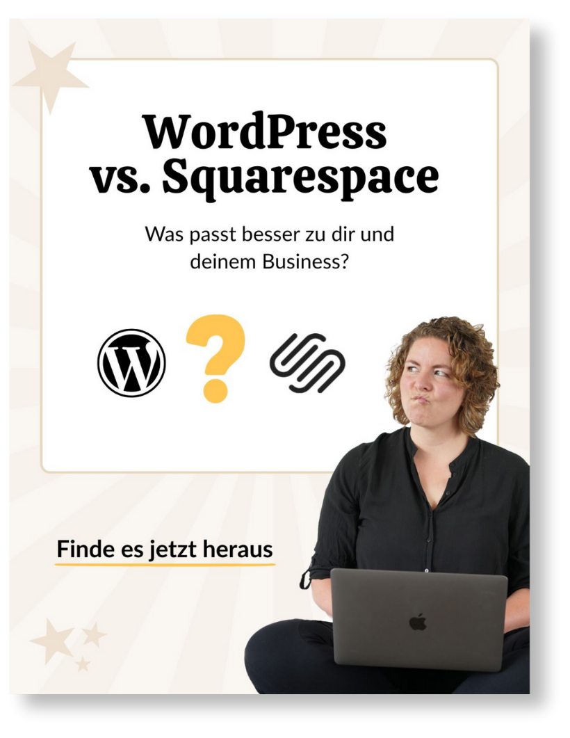 Grafik vergleicht WordPress und Squarespace für dein Business, mit einer Frau, die auf einem Laptop sitzt und nachdenkt.