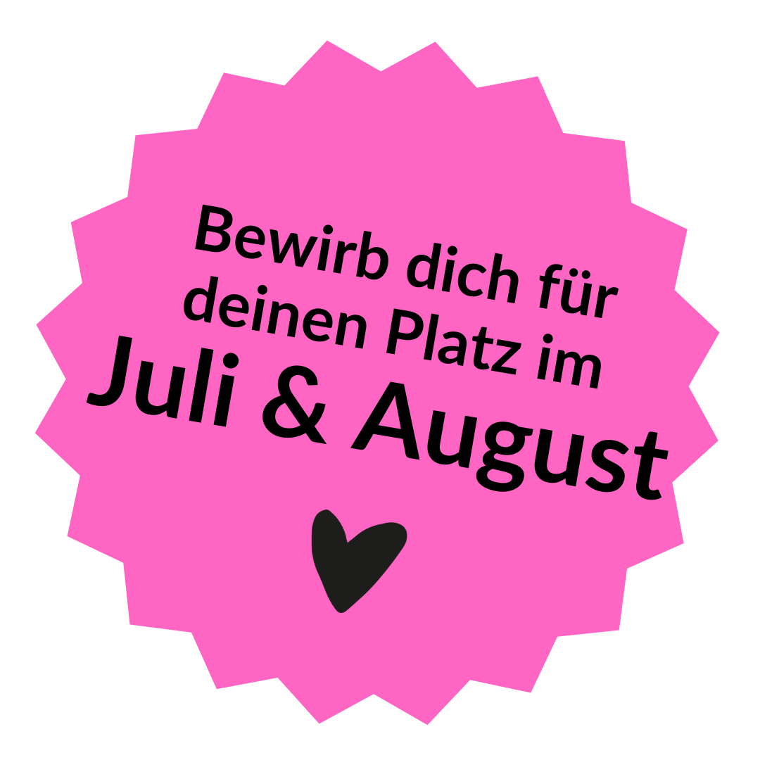 Pink starburst with black text promoting summer job applications for July and August, and a small black heart.