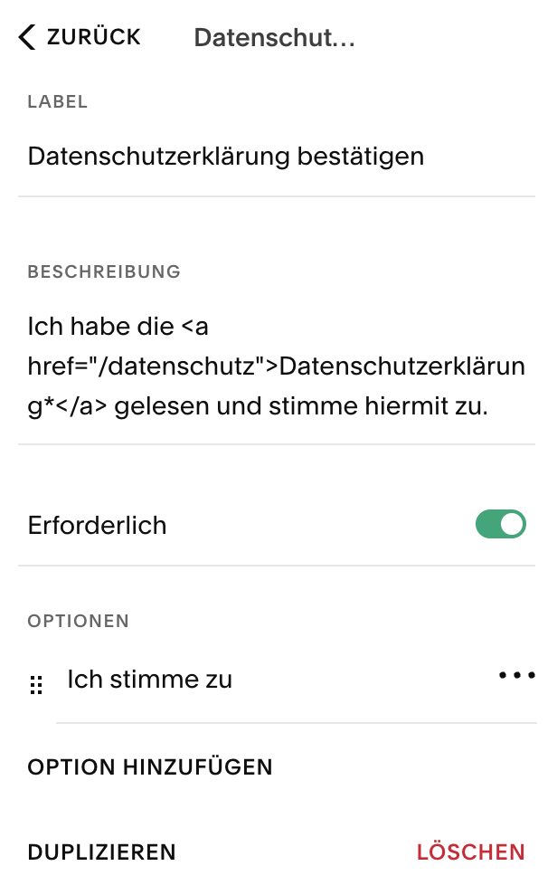 Squarespace Kontaktformular Link zum Datenschutz hinzufügen