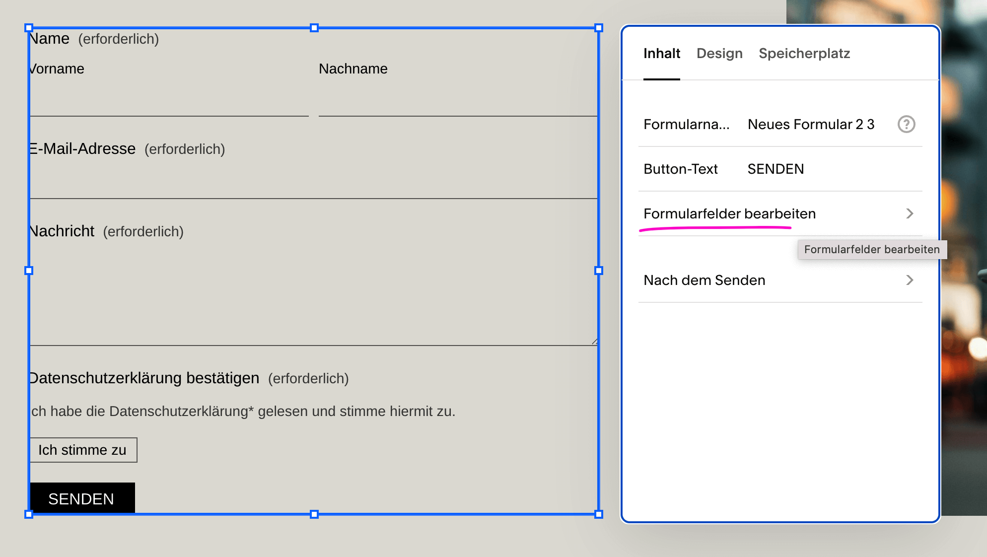 Squarespace Kontaktformular neues Feld hinzufügen