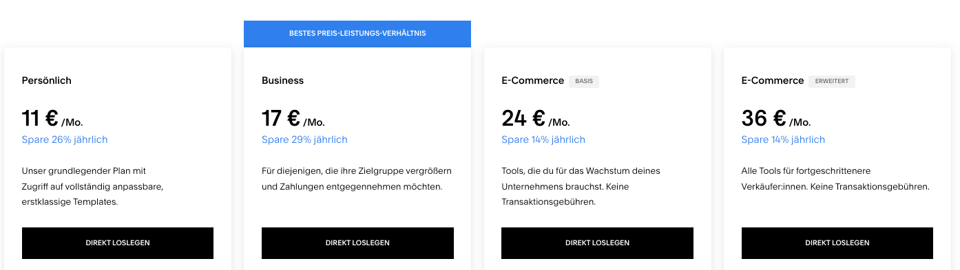 Squarespace Kosten jährlich im Überblick als Tabelle