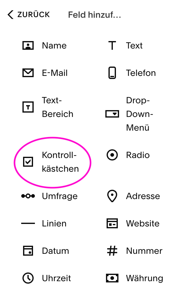 Squarespace Kontaktformular neues Kontrollkästchen hinzufügen