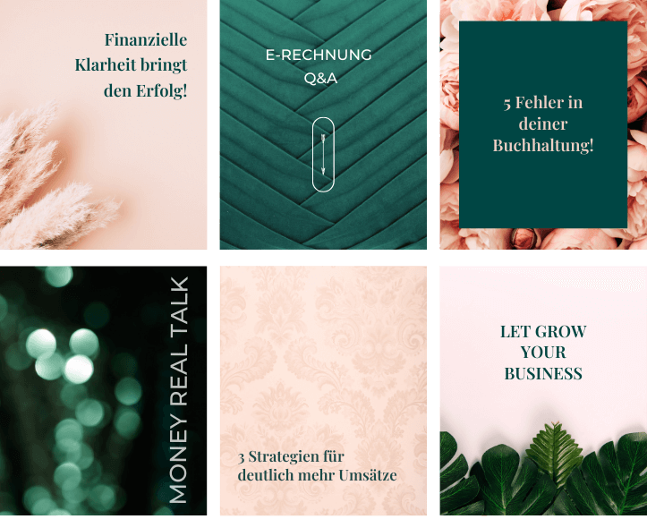 Sechs bunte Social-Media-Posts mit verschiedenen Texten zu Buchhaltung, E-Rechnungen, Business-Wachstum und Strategien.