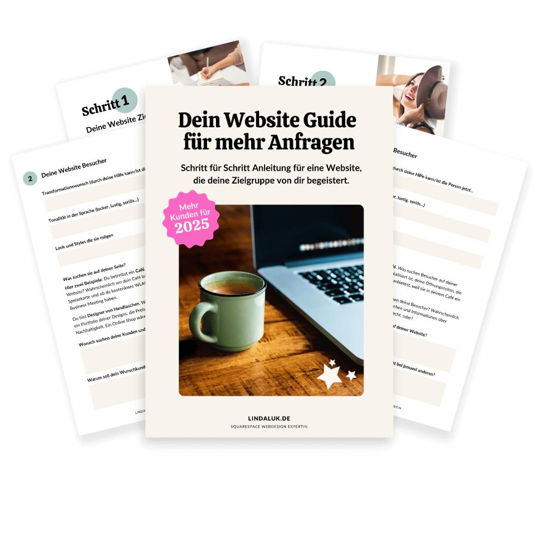 Mehrseitiger Leitfaden mit Titel "Dein Website Guide für mehr Anfragen" und einem Bild eines Laptops und einer Kaffeetasse auf einem Holztisch, gefolgt von weiteren Seiten mit Text und Bildern, werbend für Website-Erstellung.