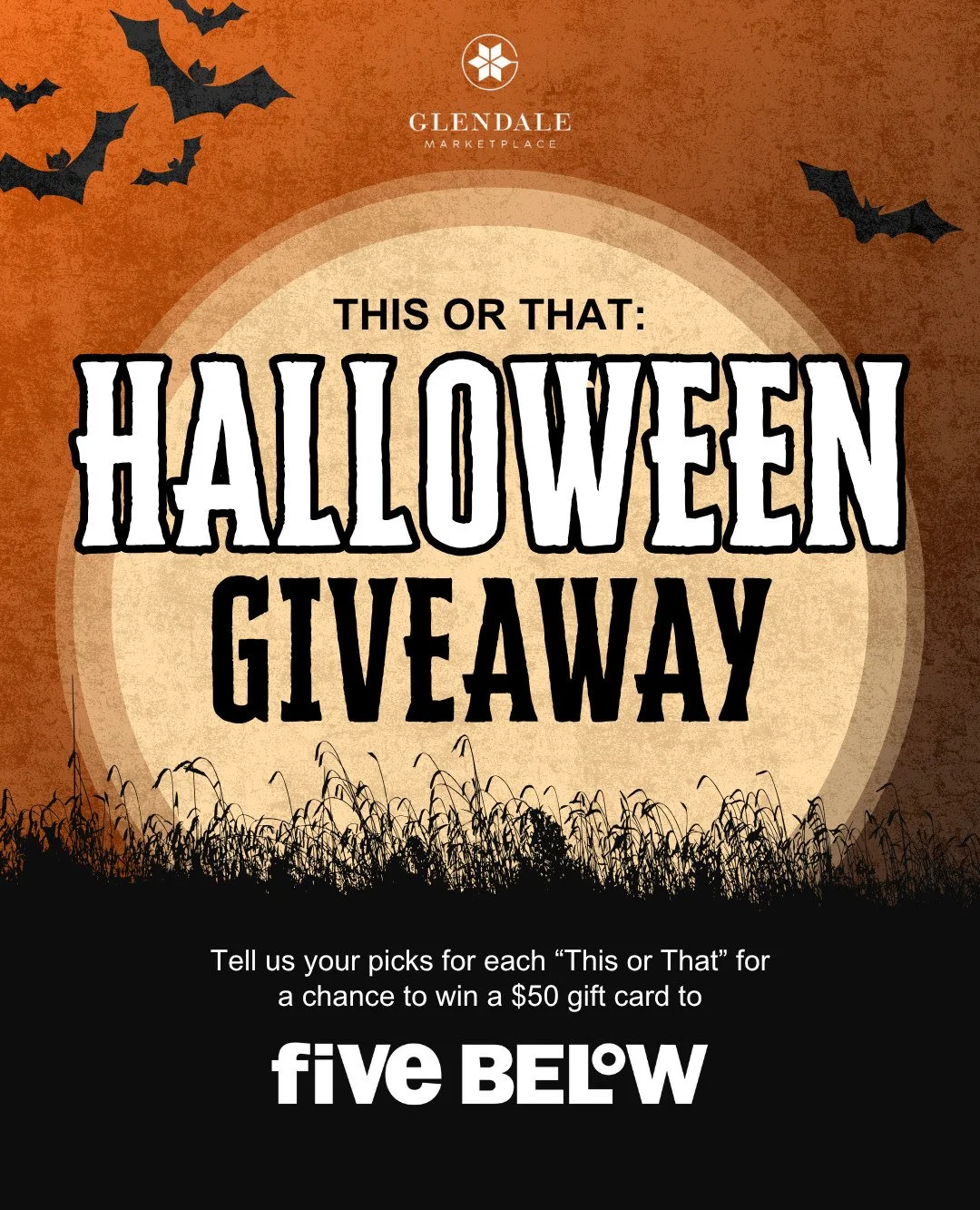 HALLOWEEN GIVEAWAY! We've got an exclusive giveaway just for you! 🫵
One lucky winner will receive a $50 gift card to @fivebelow!
How to enter:
👉Follow @glendale_marketplace
👉Comment your responses to our “This or That” (second slide)