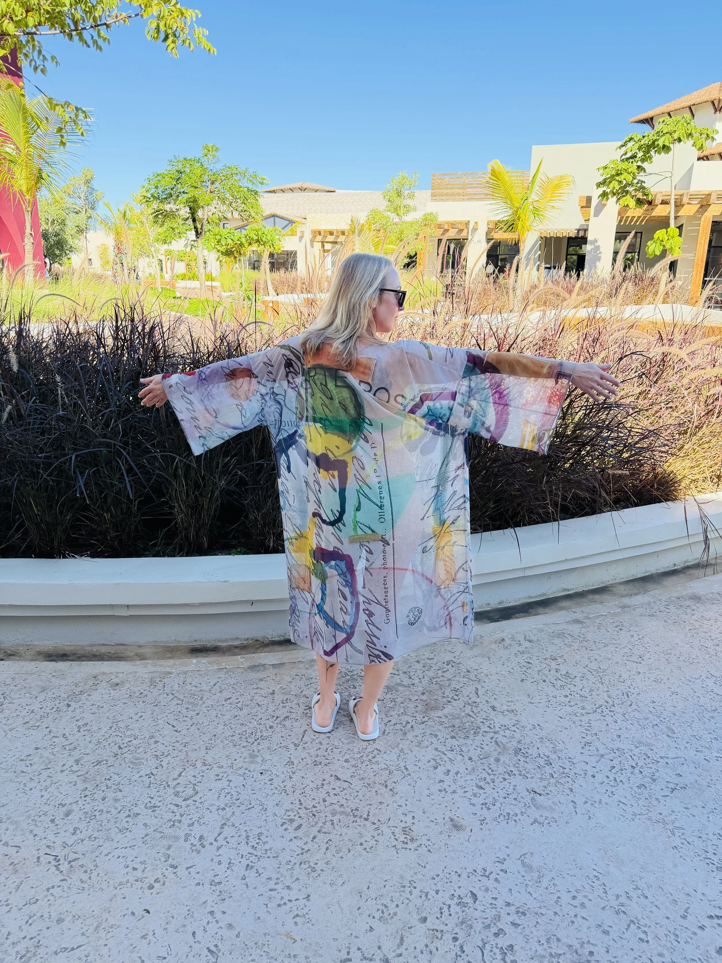 Modeling a great coverup for beach and fun from vintage postcard "CORRESPONDENCE"