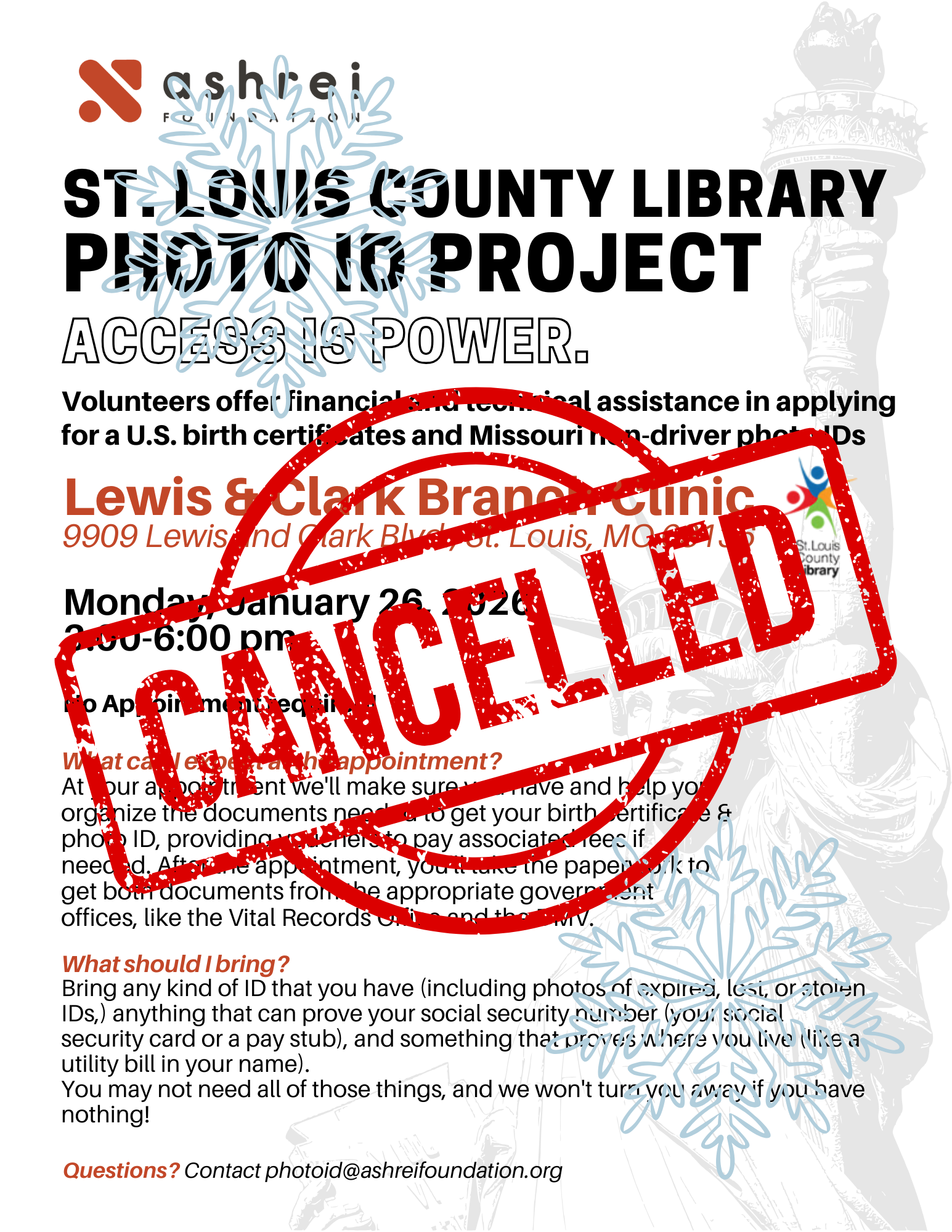 CANCELLED: SLCL Photo ID Clinic: Lewis & Clark Branch — Ashrei Foundation