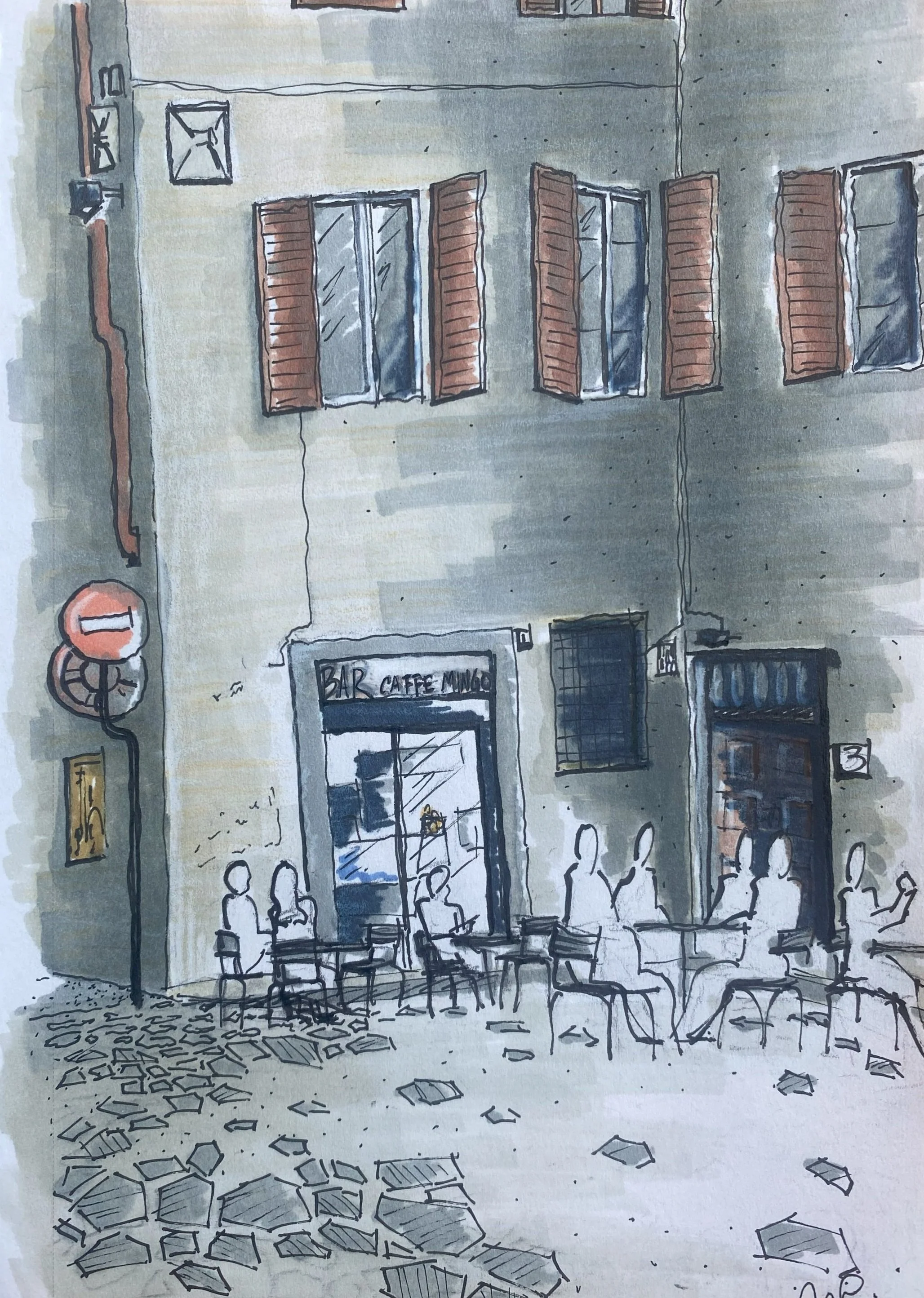 Pen and Marker on Paper. Bar Caffe Mingo, Firenze, Italy. June 13, 2025