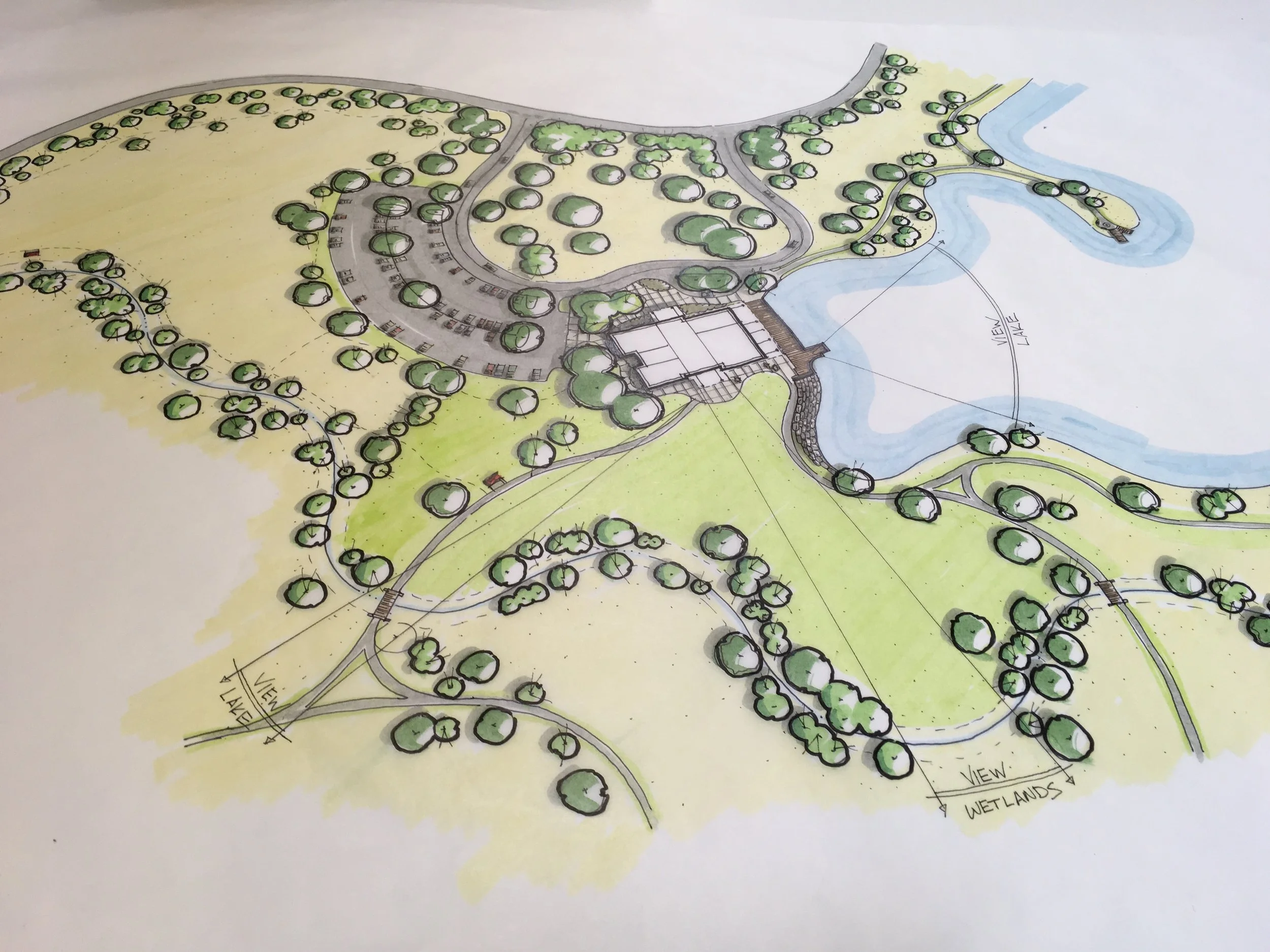 Pen and Marker on Bumwad. Nature Center concept plan for Middle Fork Bottoms State Park, TN. 2019